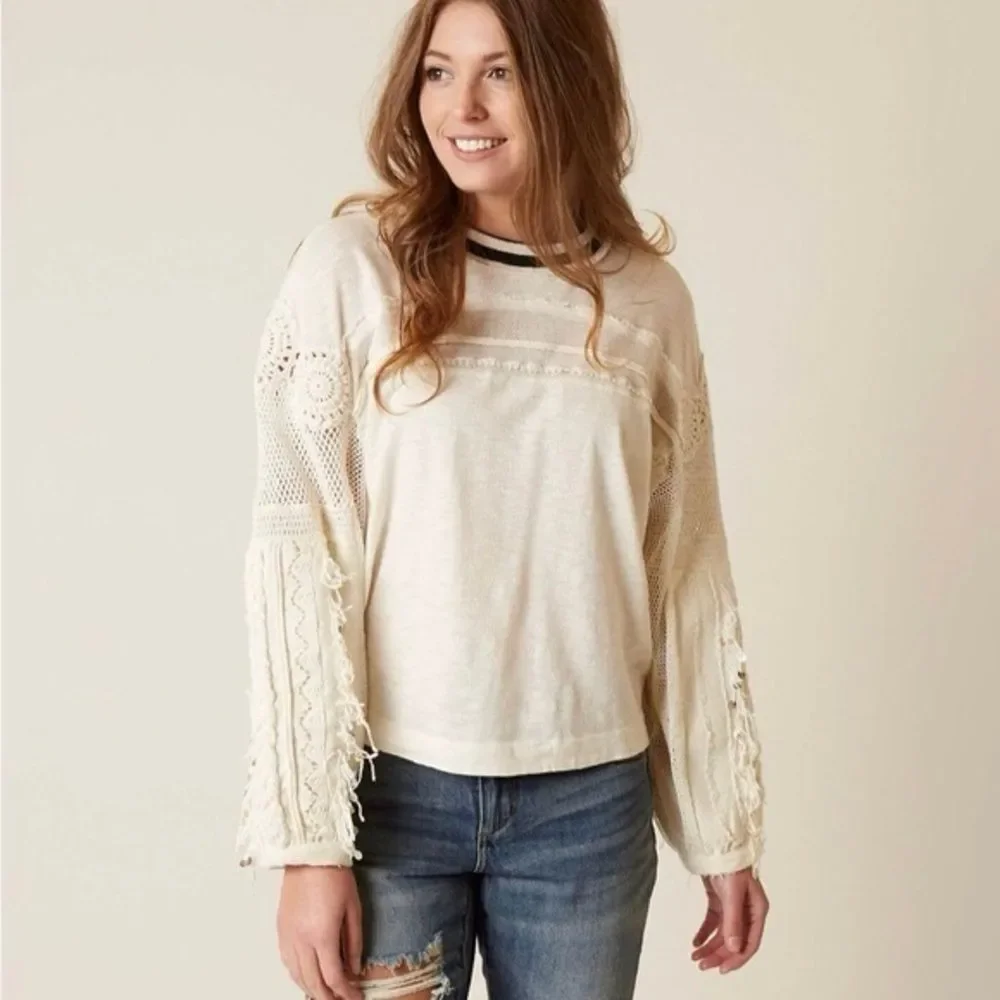 Free People Marrakech Long Sleeve Crochet Embellished Boho Ivory Top Size S